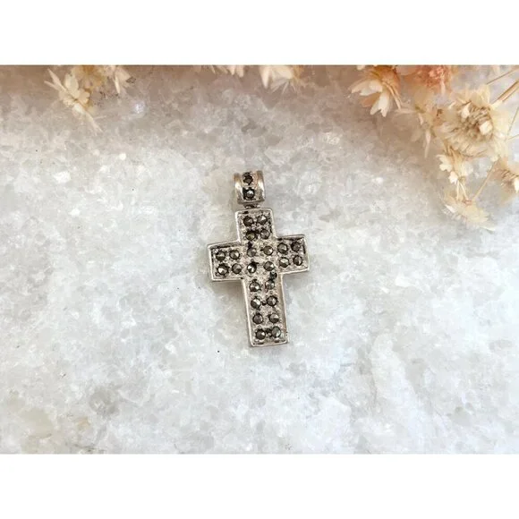 Cross Shaped Marcasite Accented Geometric Sterling Silver 925 Vintage Pendant - Picture 2 of 9